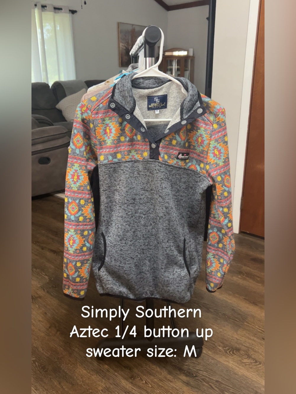 Simply Southern Gray Pullover with Colorful Aztec Accents